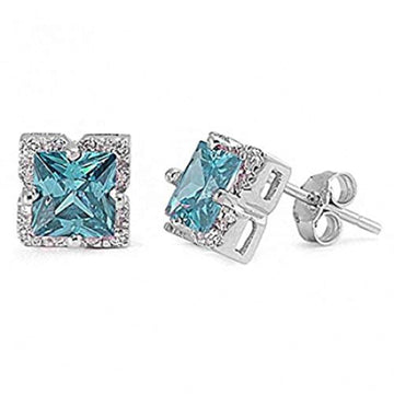 Halo Stud Earrings Princess Cut Simulated Aquamarine CZ 925 Sterling Silver